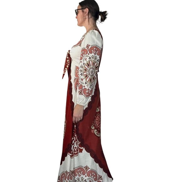 Marfinno Linen Medallion Maxi Dress Long Sleeve Cream Orange Medium - Picture 4 of 16